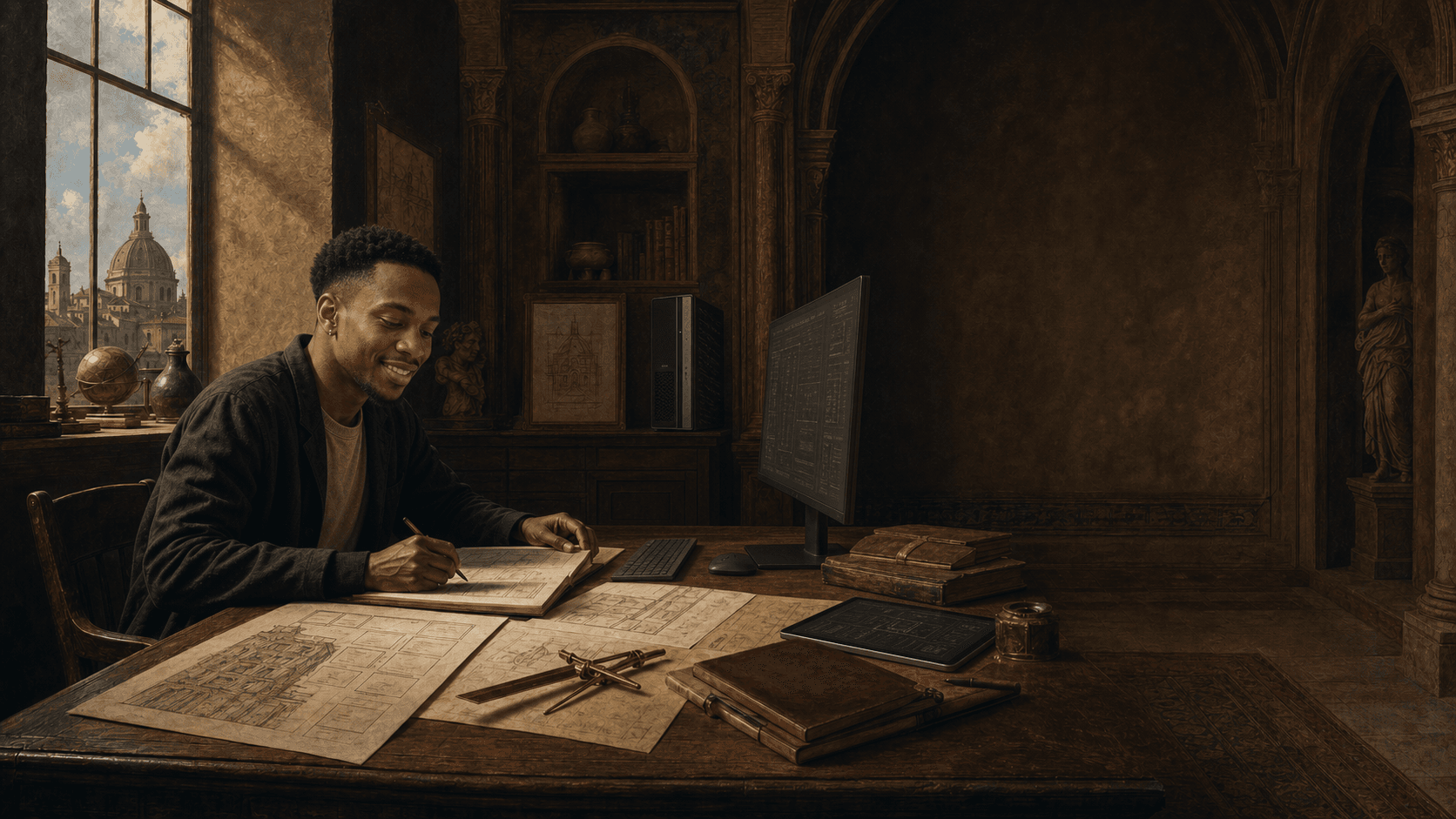 Gontse portrayed in a Renaissance studiolo studying software diagrams at a wooden desk